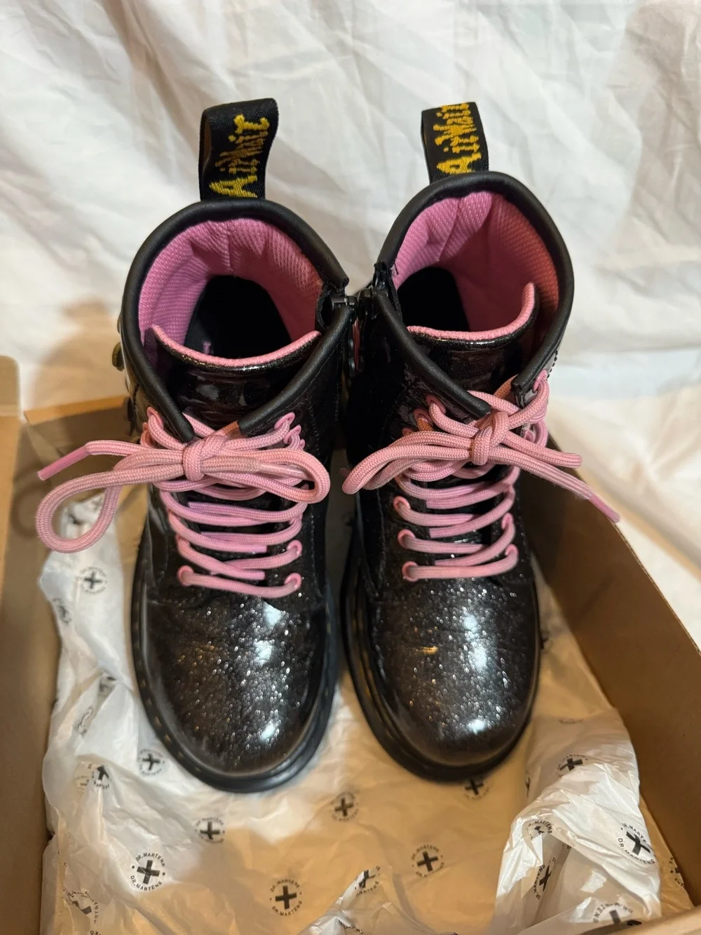 Dr. Martens Black Glitter Boots with Pink Laces and Floral Appliqués